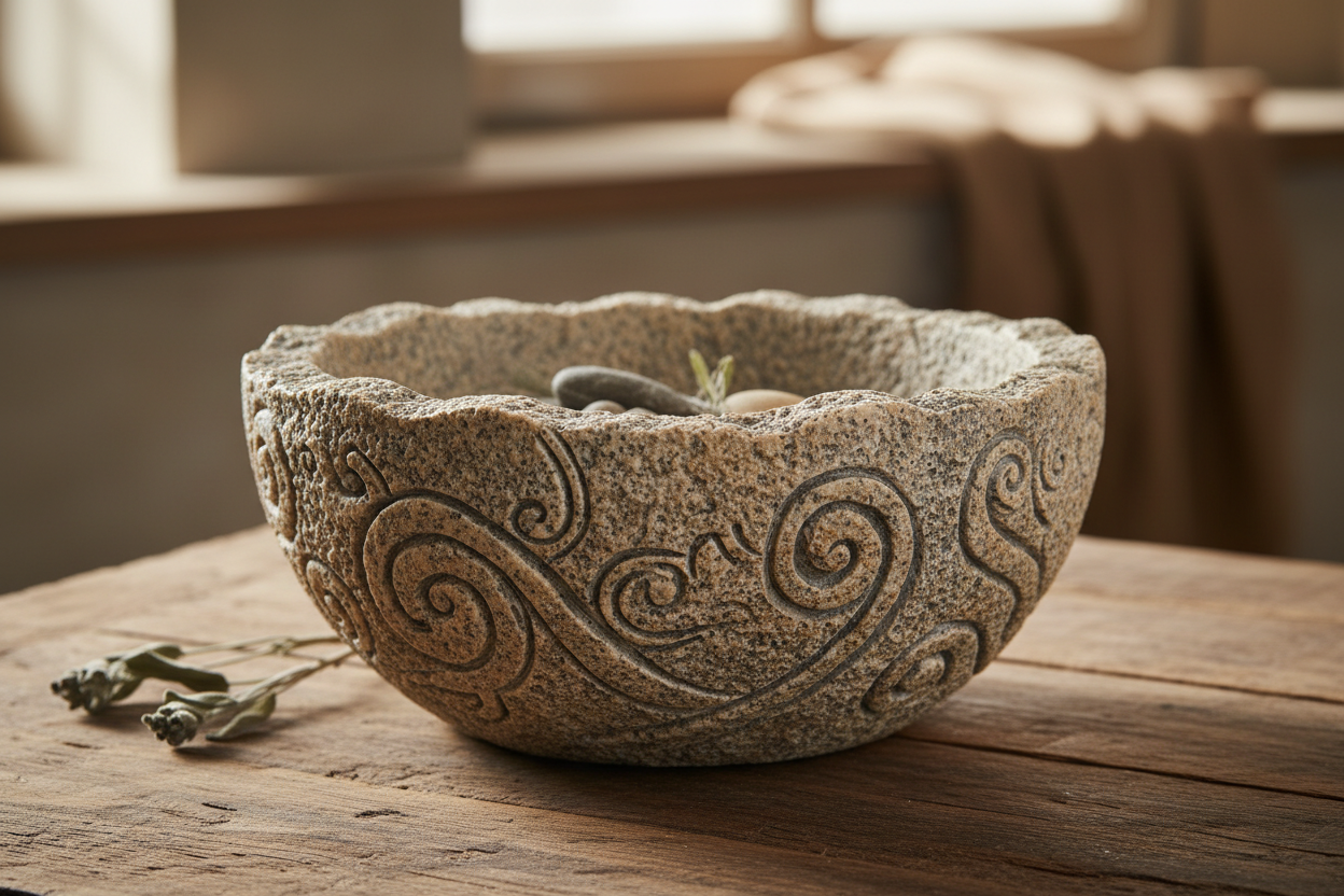 Kabartma dokulu taş görünümlü dekoratif kase